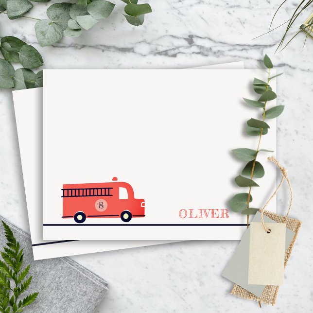 Cute Red Navy Fire Truck Engine Monogram Boys Note Card (Creator Uploaded)