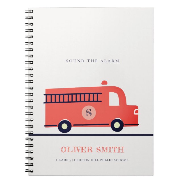 Cute Red Navy Fire Truck Engine Monogram Boys Notebook (Front)