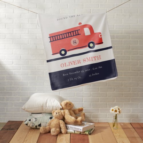 Cute Red Navy Fire Truck Monogram Birth Stat Baby Blanket