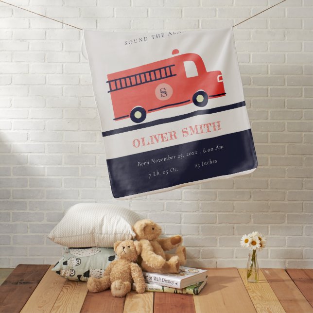 Cute Red Navy Fire Truck Monogram Birth Stat Baby Blanket (In Situ)