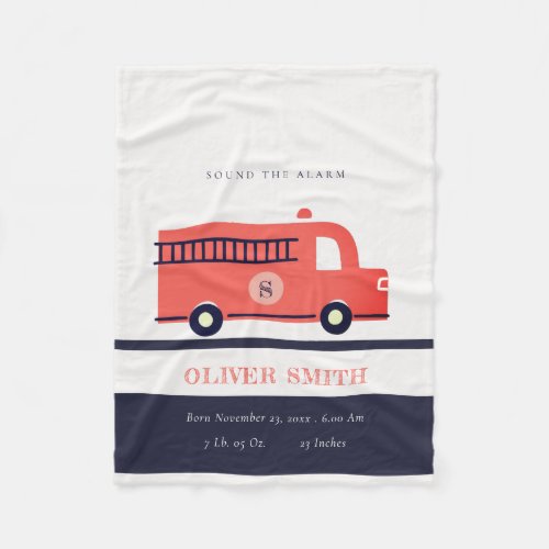 Cute Red Navy Fire Truck Monogram Birth Stat Fleece Blanket