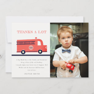 Cute Red Navy Fire Truck Photo Any Age Birthday Thank You Card