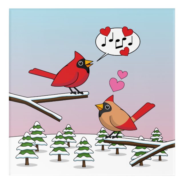 Cute Red Northern Cardinals Love Winter Landscape Acrylic Print (Front)