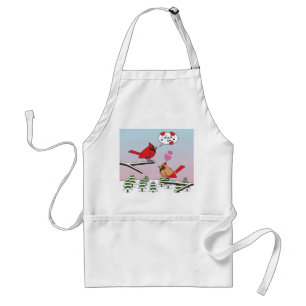 Cute Red Northern Cardinals Love Winter Landscape Adult Apron