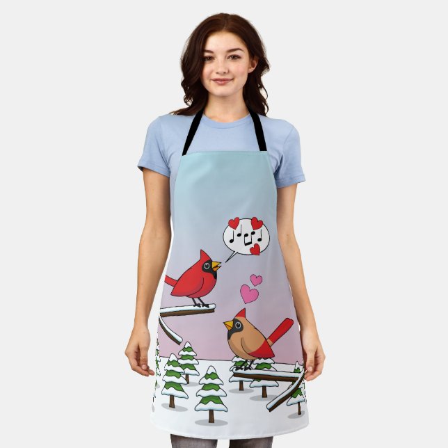 Cute Red Northern Cardinals Love Winter Landscape Apron (Worn)