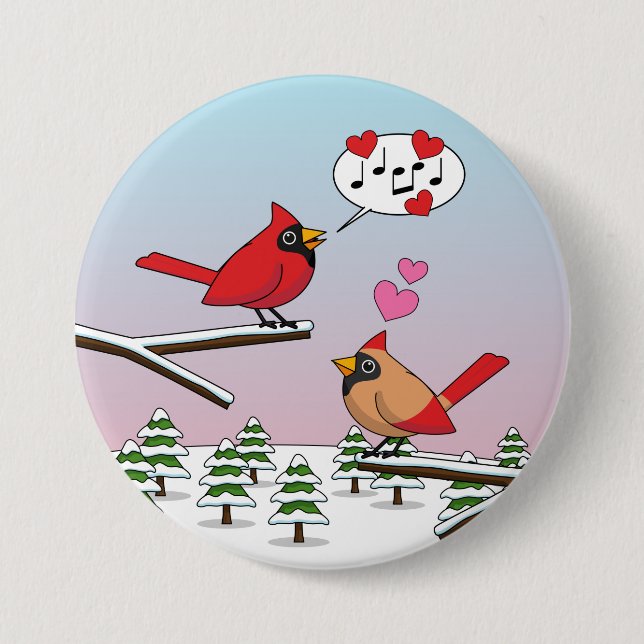 Cute Red Northern Cardinals Love Winter Landscape Button (Front)