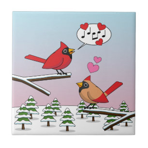 Cute Red Northern Cardinals Love Winter Landscape Ceramic Tile