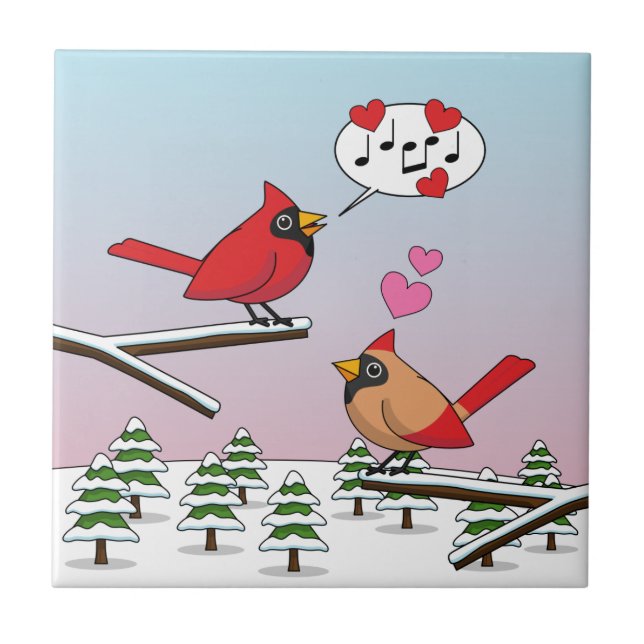 Cute Red Northern Cardinals Love Winter Landscape Ceramic Tile (Front)