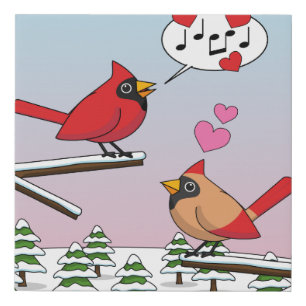 Cute Red Northern Cardinals Love Winter Landscape Faux Canvas Print
