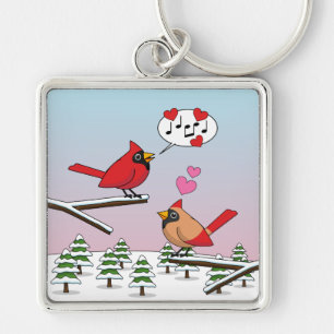 Cute Red Northern Cardinals Love Winter Landscape Keychain