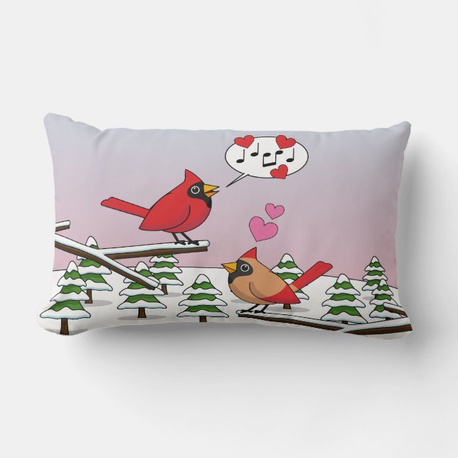 Cute Red Northern Cardinals Love Winter Landscape Lumbar Pillow (Front)