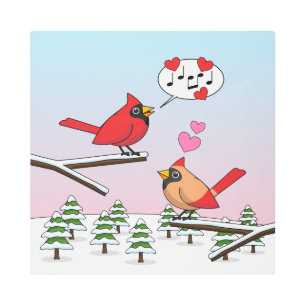 Cute Red Northern Cardinals Love Winter Landscape Metal Print