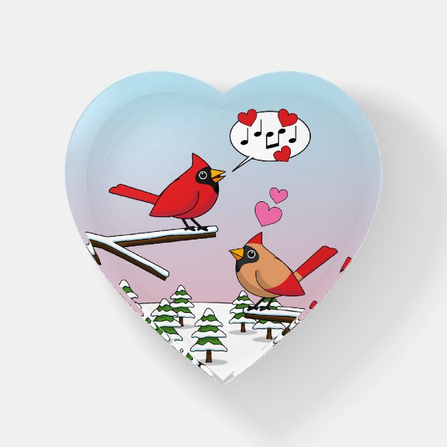 Cute Red Northern Cardinals Love Winter Landscape Paperweight (Front)