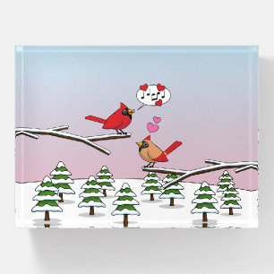 Cute Red Northern Cardinals Love Winter Landscape Paperweight