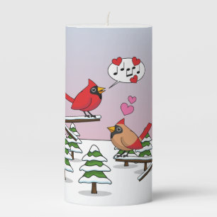Cute Red Northern Cardinals Love Winter Landscape Pillar Candle