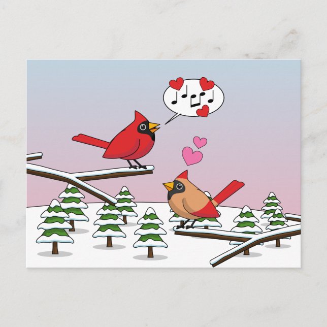 Cute Red Northern Cardinals Love Winter Landscape Postcard (Front)