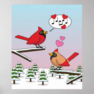 Cute Red Northern Cardinals Love Winter Landscape Poster