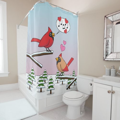 Cute Red Northern Cardinals Love Winter Landscape Shower Curtain