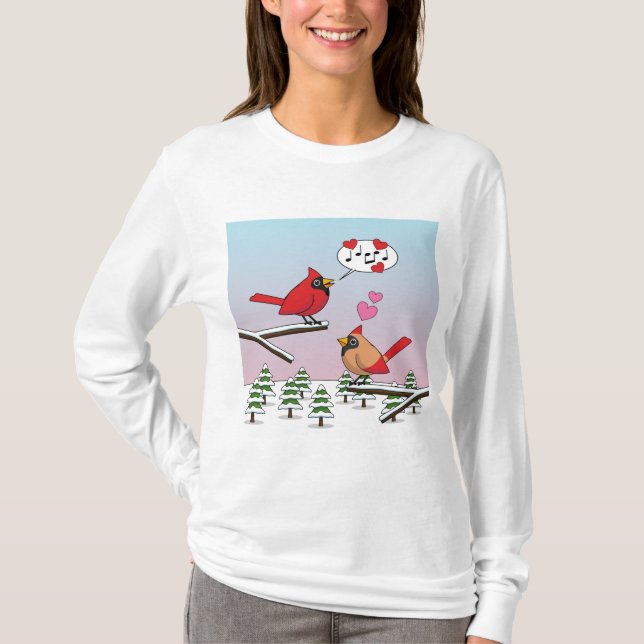 Cute Red Northern Cardinals Love Winter Landscape T-Shirt (Front)