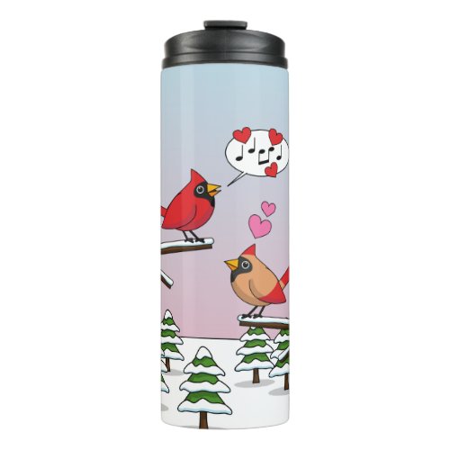 Cute Red Northern Cardinals Love Winter Landscape Thermal Tumbler