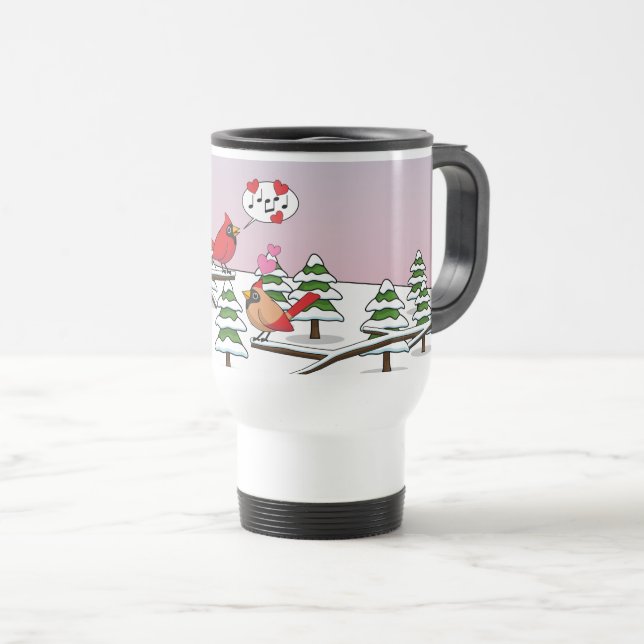 Cute Red Northern Cardinals Love Winter Landscape Travel Mug (Front Right)