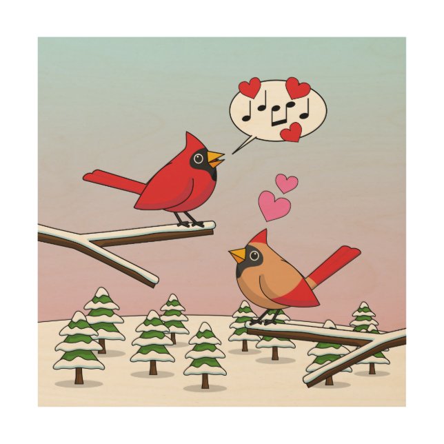 Cute Red Northern Cardinals Love Winter Landscape Wood Wall Art (Front)