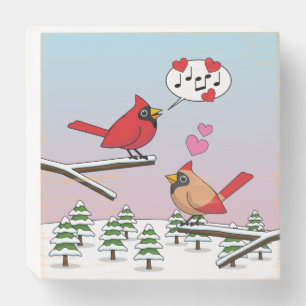Cute Red Northern Cardinals Love Winter Landscape Wooden Box Sign
