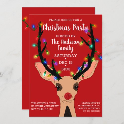 Cute Red Nose Reindeer Glowing Lights Christmas Invitation