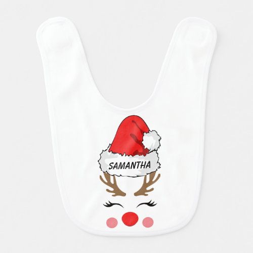 Cute Red Nose Reindeer Santas Hat Name Baby Bib