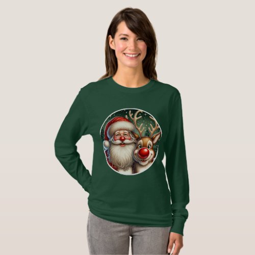 Cute Red Nose Reindeer with Santa Smiling T_Shirt