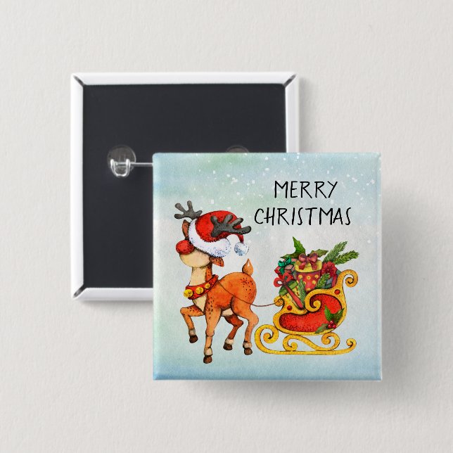 Cute red -nosed reindeer pulling sleigh Christmas Button (Front & Back)
