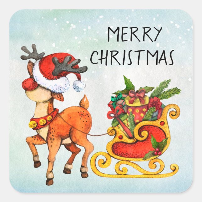 Cute red -nosed reindeer pulling sleigh Christmas  Square Sticker (Front)