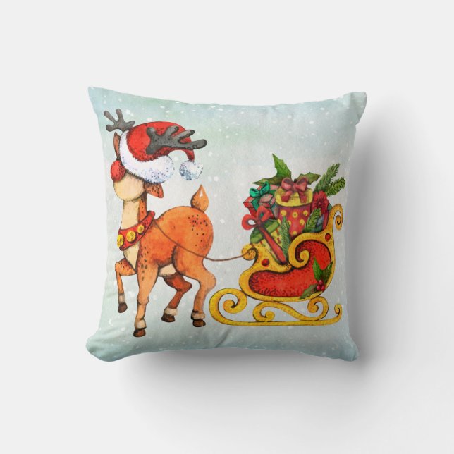 Cute red -nosed reindeer pulling sleigh Christmas  Throw Pillow (Front)