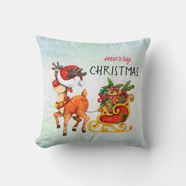 Cute red -nosed reindeer pulling sleigh Christmas  Throw Pillow (Front)