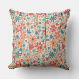 Cute Red Orange Blue Floral on White Wood Throw Pillow