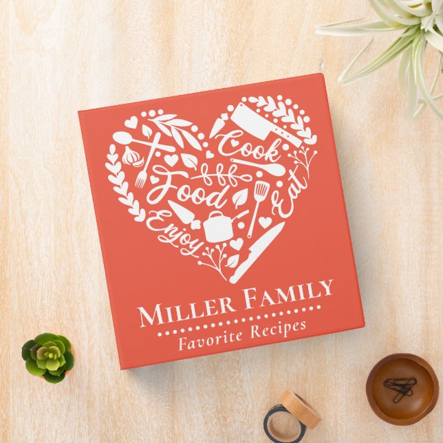 Cute Red Orange Family Name Heart Recipe Cookbook 3 Ring Binder (In Situ)