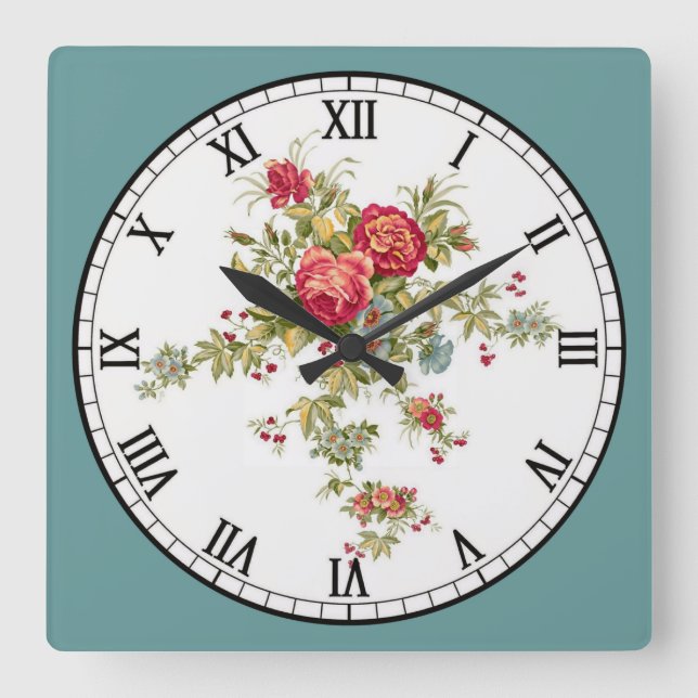 Cute Red-Orange Flowers Square Wall Clock (Front)