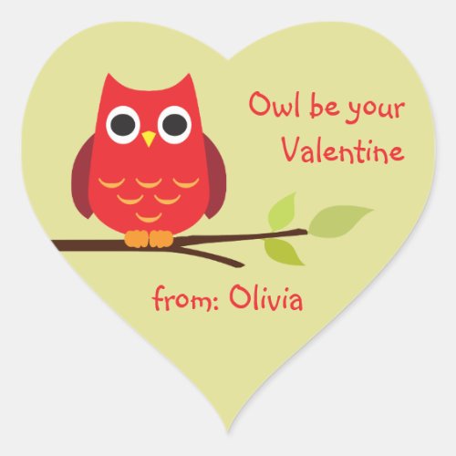Cute red owl classroom valentine personalized gift heart sticker