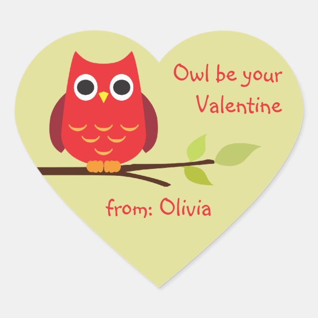 Cute red owl classroom valentine personalized gift heart sticker (Front)
