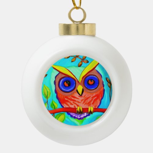 Cute red owl painting ceramic ball christmas ornament