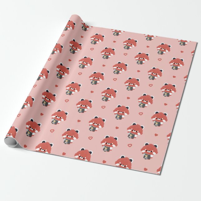 Cute Red Panda Barista Wrapping Paper (Unrolled)