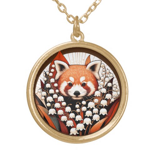 Cute Red Panda Bear Art Floral Red Pandas          Gold Plated Necklace