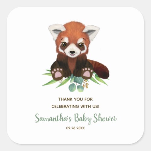 Cute Red Panda Bear Greenery Neutral Baby Shower  Square Sticker