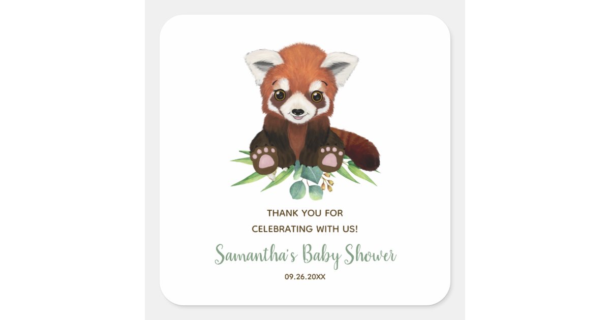 Cute Red Panda Bear Greenery Neutral Baby Shower Square Sticker | Zazzle
