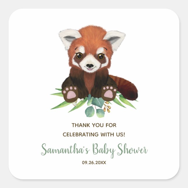 Cute Red Panda Bear Greenery Neutral Baby Shower  Square Sticker (Front)