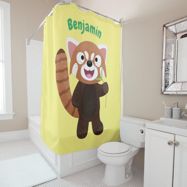 Cute red panda cartoon illustration shower curtain (In Situ)