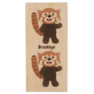 Cute red panda cartoon illustration wood flash drive