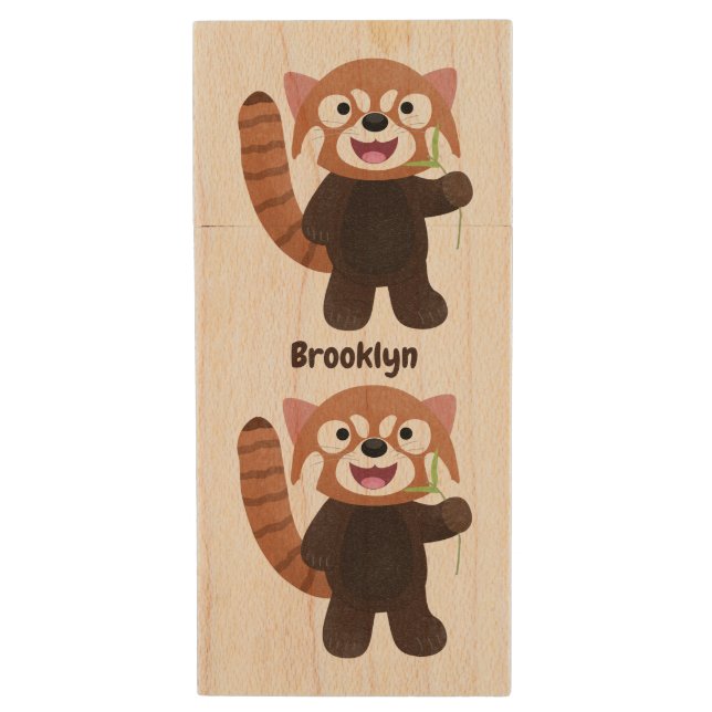 Cute red panda cartoon illustration wood flash drive (Front Vertical)