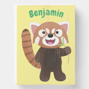 Cute red panda cartoon illustration wooden box sign