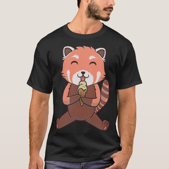 Cute Red Panda Cat Bear Ice Cream Cone Motif T-Shirt (Front)